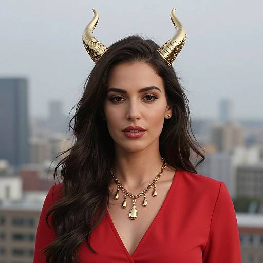 Photograph of a woman with long dark hair, wearing gold horn headpiece, red V-neck dress, and gold necklace, against a cityscape background