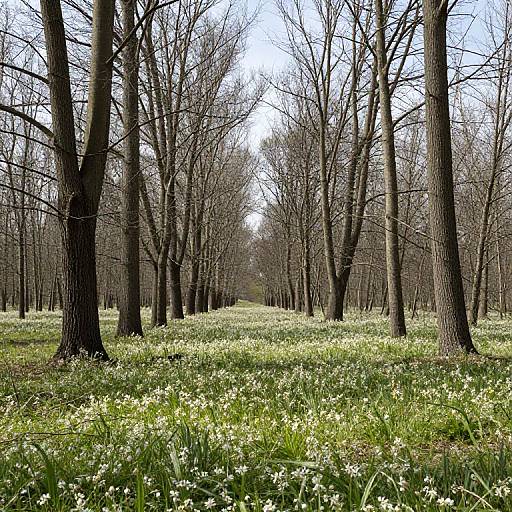 Photograph of a serene forest pathway lined with tall, bare trees, carpeted in vibrant green grass and white wildflowers.