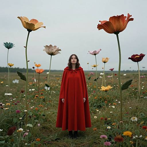 Photograph of a woman in a red cloak standing in a field of giant, colorful flowers with a cloudy sky backdrop.