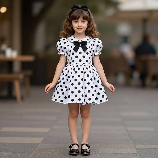 Photograph of a young girl with wavy brown hair, black bow headband, wearing a white polka dot dress with black bow, black Mary