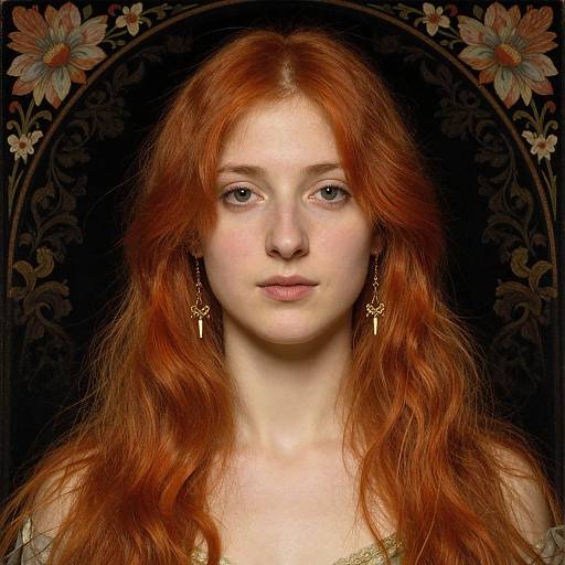 Photograph of a fair-skinned, red-haired young woman with wavy hair, wearing gold cross earrings, against a dark floral-patterned background.