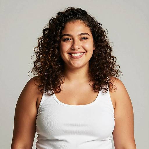Photograph of a smiling, curly-haired, light-brown-skinned woman wearing a white tank top against a plain white background.