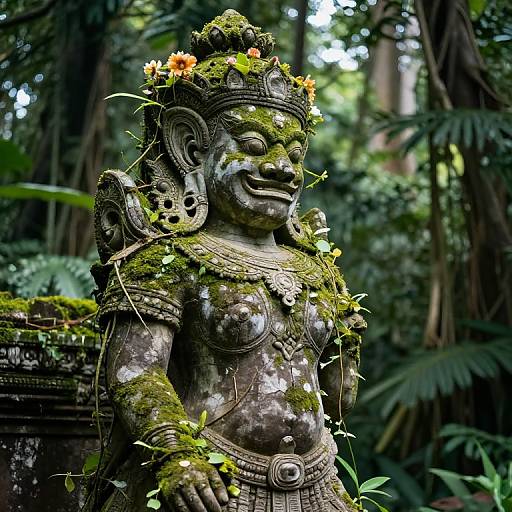 Photograph of a moss-covered, floral-adorned stone statue of a smiling Hindu deity in a lush, dense forest. Detailed carvings and