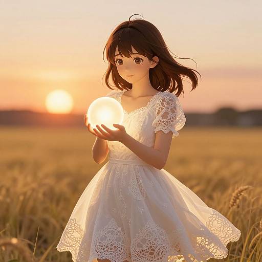 Anime-style digital illustration of a young girl with shoulder-length brown hair wearing a white lace dress, holding a glowing sun in a golden wheat field at sunset