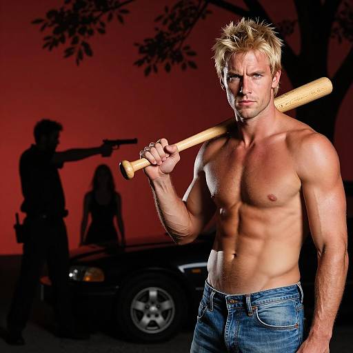 Intense Shirtless Man with Bat and Gun