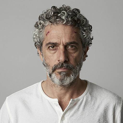 Middle-aged Man with Curly Gray Hair and Forehead Wound