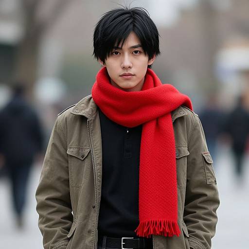 Photograph of an Asian man with black hair, wearing a green jacket, black shirt, and bright red scarf, standing in a blurred urban winter background