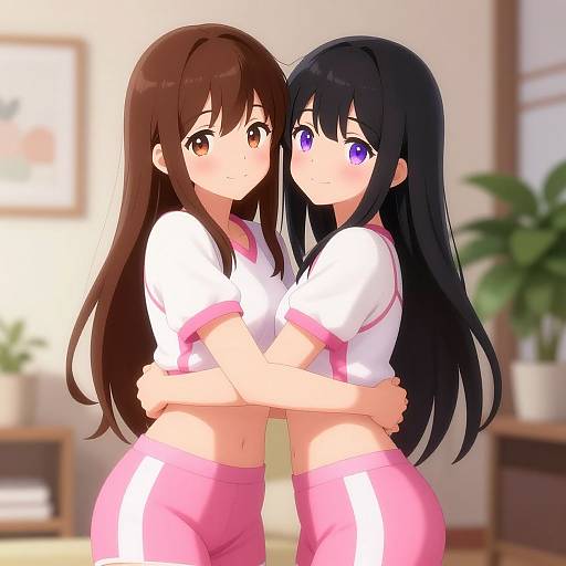 Anime-style digital drawing of two girls with long hair, one brown-haired with brown eyes, one black-haired with purple eyes, hugging in pink and