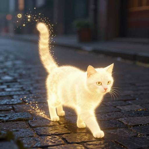 Photograph of a glowing white cat with sparkling tail, standing on a cobblestone street at night, illuminated against a dark, blurred urban background.