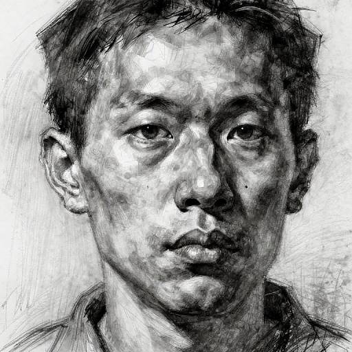Black and white sketch of an Asian man with short, slightly messy hair, intense eyes, and a neutral expression, using detailed, textured brush strokes.