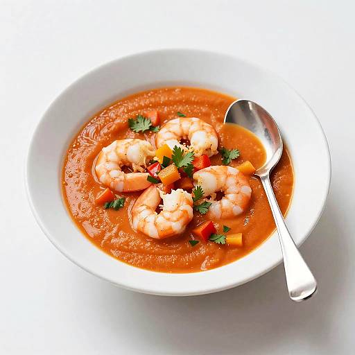 Photograph of a white bowl filled with orange tomato soup, topped with shrimp, red bell pepper pieces, and fresh cilantro, with a silver spoon