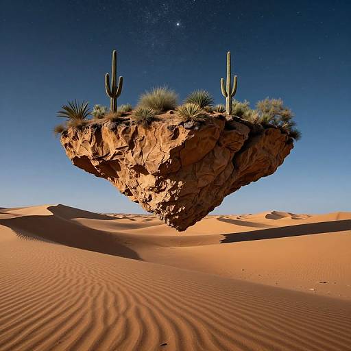 Photograph of a floating, rocky desert island with cacti and grasses, set against a clear, star-filled night sky, surrounded by rip