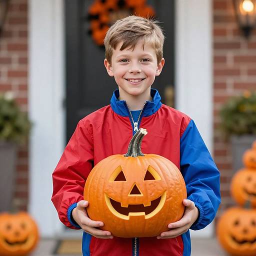 Photograph of a smiling young boy with light brown hair, wearing a red and blue jacket, holding a carved pumpkin with a triangular nose and smile,