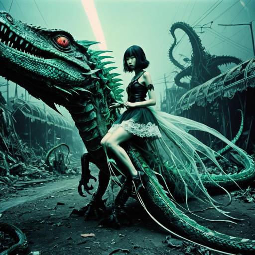 Sylph Riding Basilisk-Serpent in Neon Wasteland