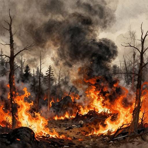 Photograph of intense forest fire with bright orange flames, dense black and grey smoke, and charred, leafless trees in the background.