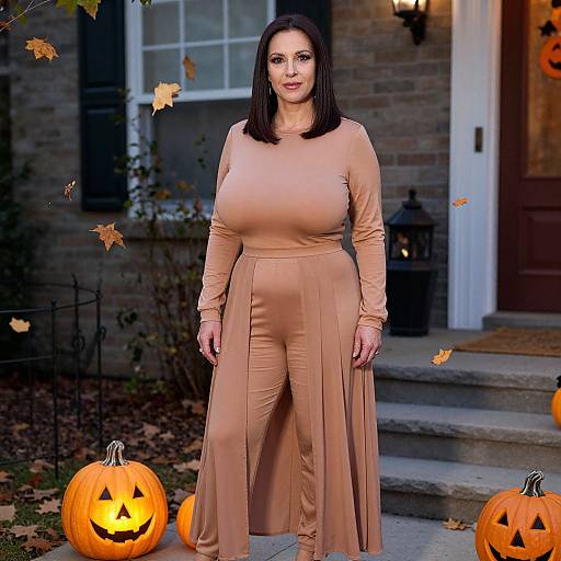 Photograph of a brunette woman with large breasts, wearing a long, beige, two-piece outfit, standing in front of a brick house with carved pump