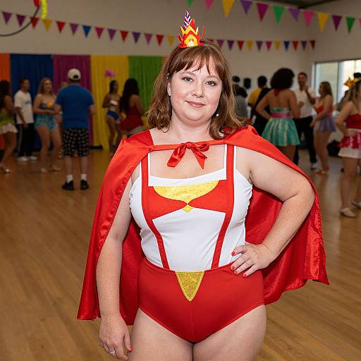 Photograph of a plus-sized white woman with brown hair, wearing a red and white Wonder Woman costume with cape, crown, and gold triangle, standing