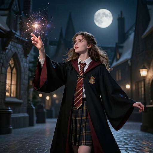 Photograph-style digital artwork of a young woman in Hogwarts robes, under a full moon, casting a magical spell on a cobblestone street.