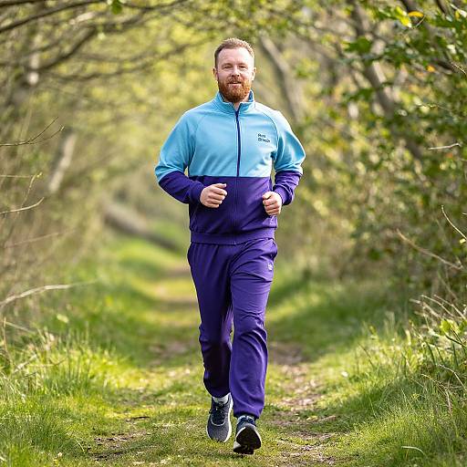 Photograph of a bearded man with short hair, wearing a light blue and navy tracksuit, jogging on a sunlit, tree-lined path in