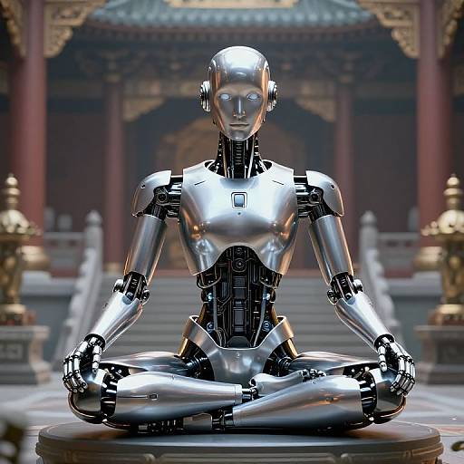 Photorealistic CGI of a silver, humanoid robot with glowing blue eyes, sitting cross-legged in a traditional Chinese temple, exuding a calm, med