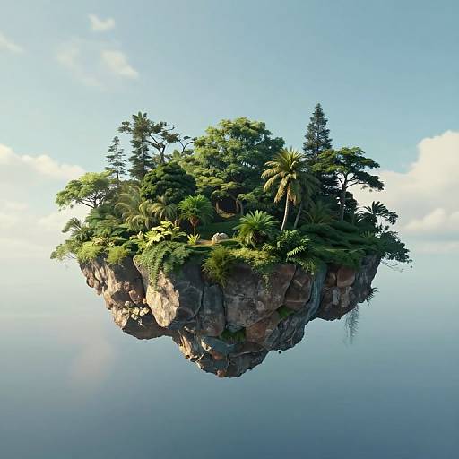 Photorealistic CGI of a lush, floating island with dense greenery and rocky base, set against a clear blue sky and calm water.