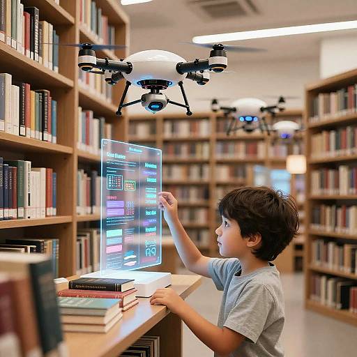 Futuristic Library with AI Drones