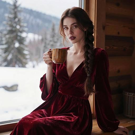 Elegant Woman in Mountain Cabin
