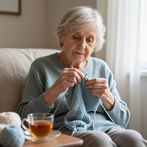 Photograph of elderly woman with white hair, light blue sweater, knitting, sitting on beige couch, tea cup on wooden table.