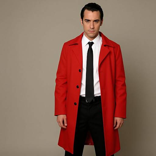 Photograph of a serious-looking man with short dark hair wearing a bright red overcoat, white shirt, black tie, and black pants against a plain