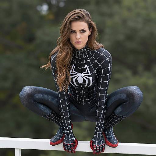 Heroic Woman in Spider-Man Suit Pose