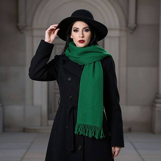 Photograph of a stylish woman with pale skin, black coat, green scarf, and wide-brimmed hat, standing in front of a stone arch