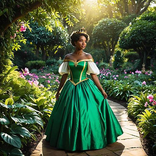 Woman in Green Fairy Tale Princess Dress in Garden