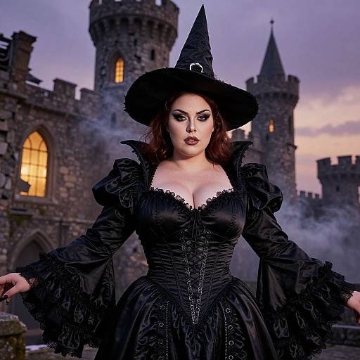 Photograph-style digital art of a pale-skinned, red-haired woman in a black witch costume, castle in background, twilight sky, smoky atmosphere