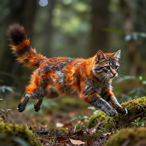 Photograph of a vibrant orange and black tabby cat with a fluffy tail, running through a lush, mossy forest.