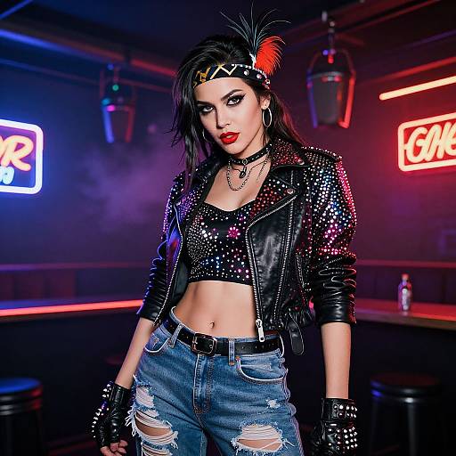 Glamorous punk woman with black leather jacket, sequins, torn jeans, red feather headband, and red lipstick in neon-lit bar.