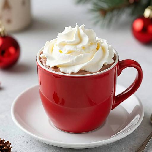 Photograph of a red ceramic cup with whipped cream-topped hot chocolate on a white saucer, Christmas ornaments and pine branches in blurred background.