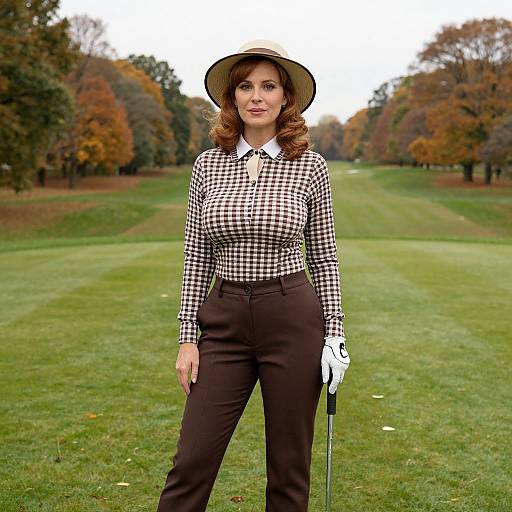Photograph of a woman with curly brown hair, wearing a black-and-white checkered shirt, brown pants, and a wide-brimmed hat,