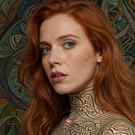 Photorealistic portrait of a red-haired woman with intricate neck tattoos, blue eyes, and fair skin, set against a colorful, Celtic-inspired background.