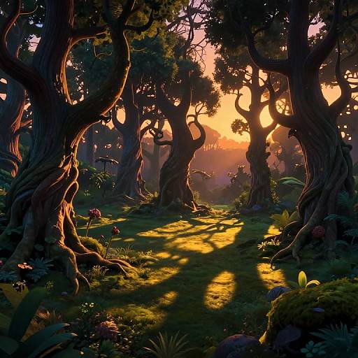Photorealistic digital artwork of a magical forest at sunset, with twisted, shadowy trees, vibrant foliage, and golden sunlight filtering through.