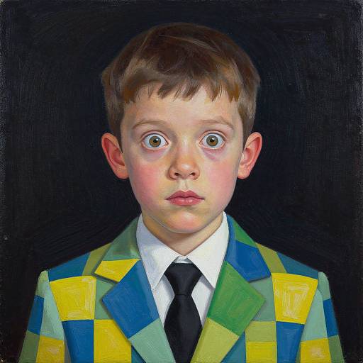 Digital portrait of a young boy with wide eyes, wearing a colorful checkered blazer, black tie, white shirt, against a black background.