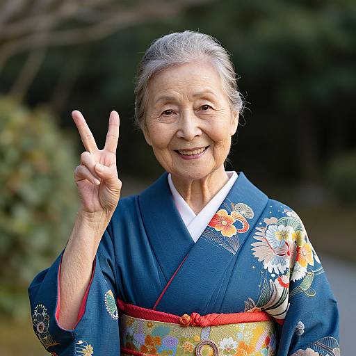 Photograph of an elderly Asian woman with gray hair, wearing a blue floral kimono, smiling and flashing a peace sign outdoors.