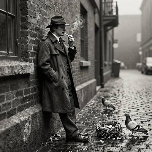 Noir Detective Smoking in City Alley