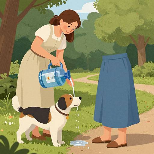 Digital illustration of a woman in a white dress pouring water from a blue jug onto a beagle dog, standing on a grassy path with a person