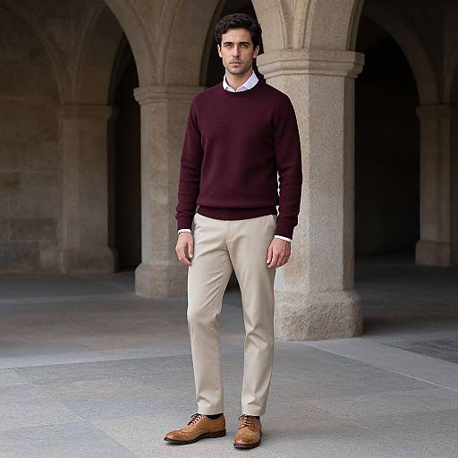 Photograph of a handsome man with dark hair, wearing a maroon sweater, white shirt, beige pants, and brown shoes, standing in a stone