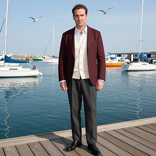 Photograph of a man with short dark hair, wearing a maroon blazer, white shirt, black trousers, and black shoes, standing on a
