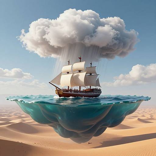 Digital artwork of a vintage sailboat with white sails, floating on a blue, cloud-like island above sandy desert, under a large, rain-filled cloud