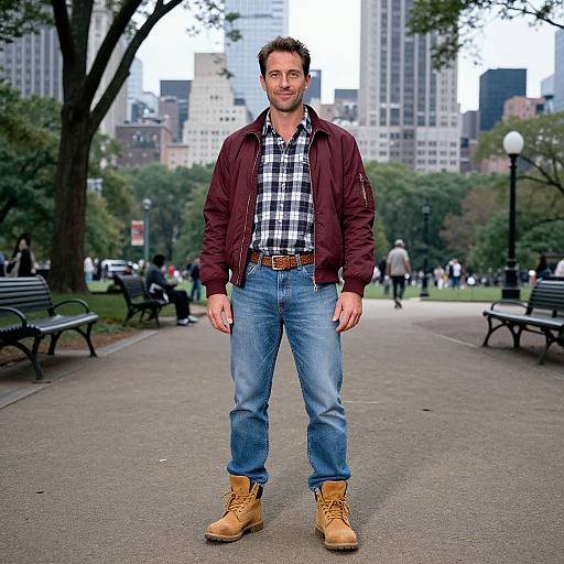 Photograph of a bearded man with short brown hair, wearing a maroon jacket, plaid shirt, blue jeans, and tan boots, standing