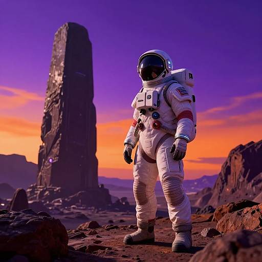 Photorealistic CGI of an astronaut in white spacesuit with American flag patch, standing on rocky Martian landscape, against vibrant orange and purple sunset, with