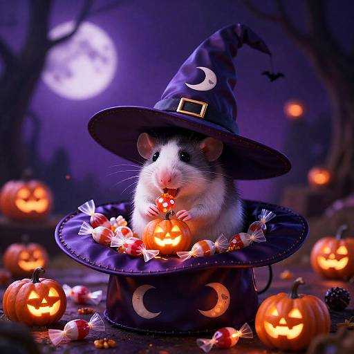 Enchanting Halloween Rat in Witch Hat
