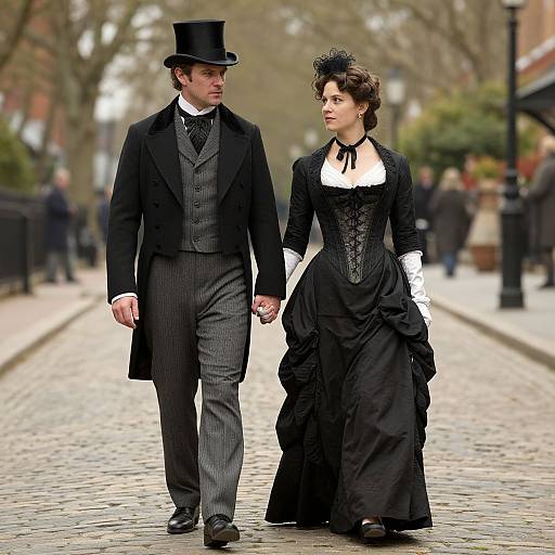 Photograph of a Victorian-era couple walking hand in hand on a cobblestone street, dressed in black formal attire with top hats and white gloves.